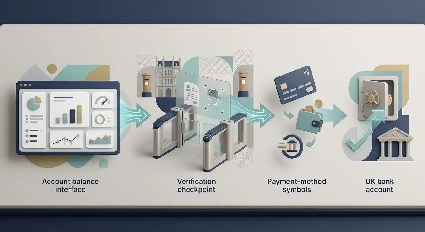 Illustration of a casino withdrawal flow from account balance through verification to a payment method and bank account