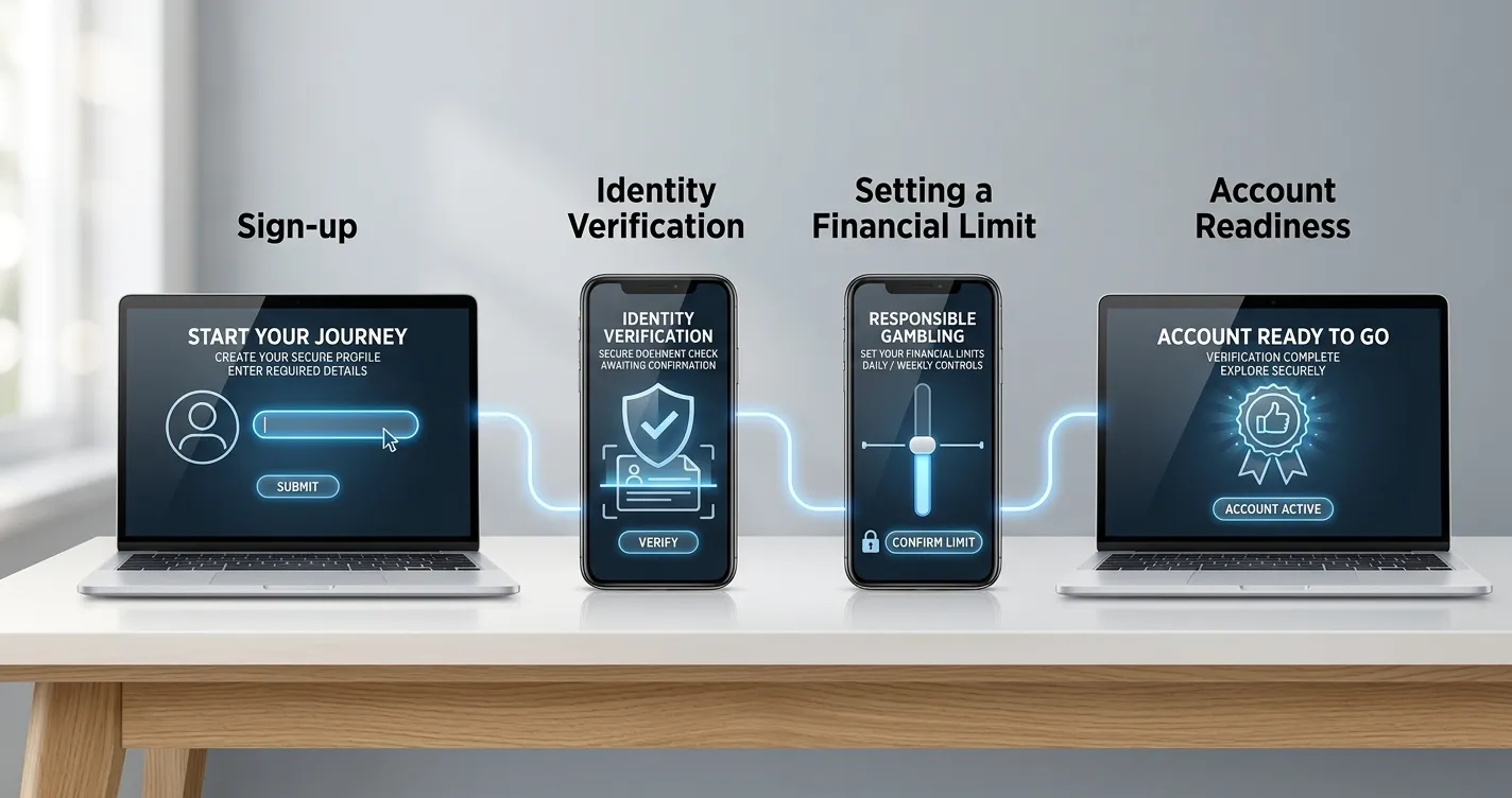 Illustration of a Royal Valley account journey from registration through identity checks and financial limit setup