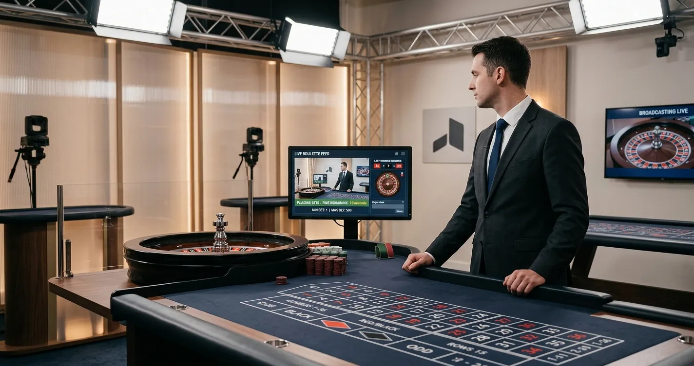 Illustration of a modern live-dealer casino table with neutral branding