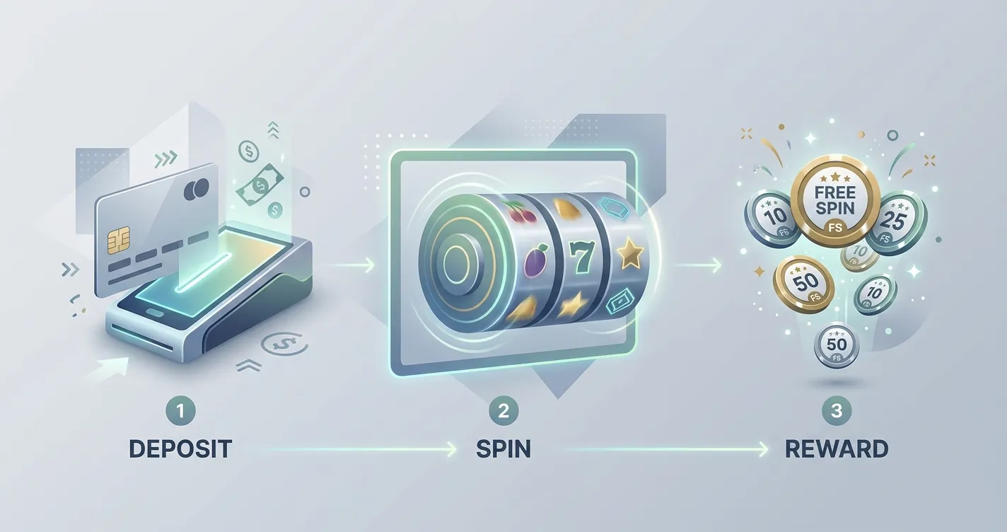 Illustration of a three-step casino welcome-offer flow from deposit to slot play to free spins