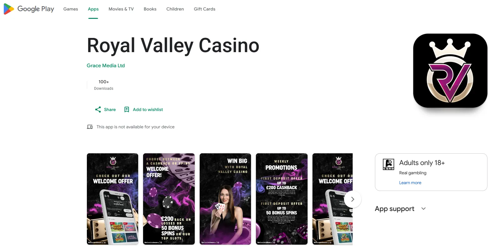 Official Royal Valley Casino Android app listing on Google Play