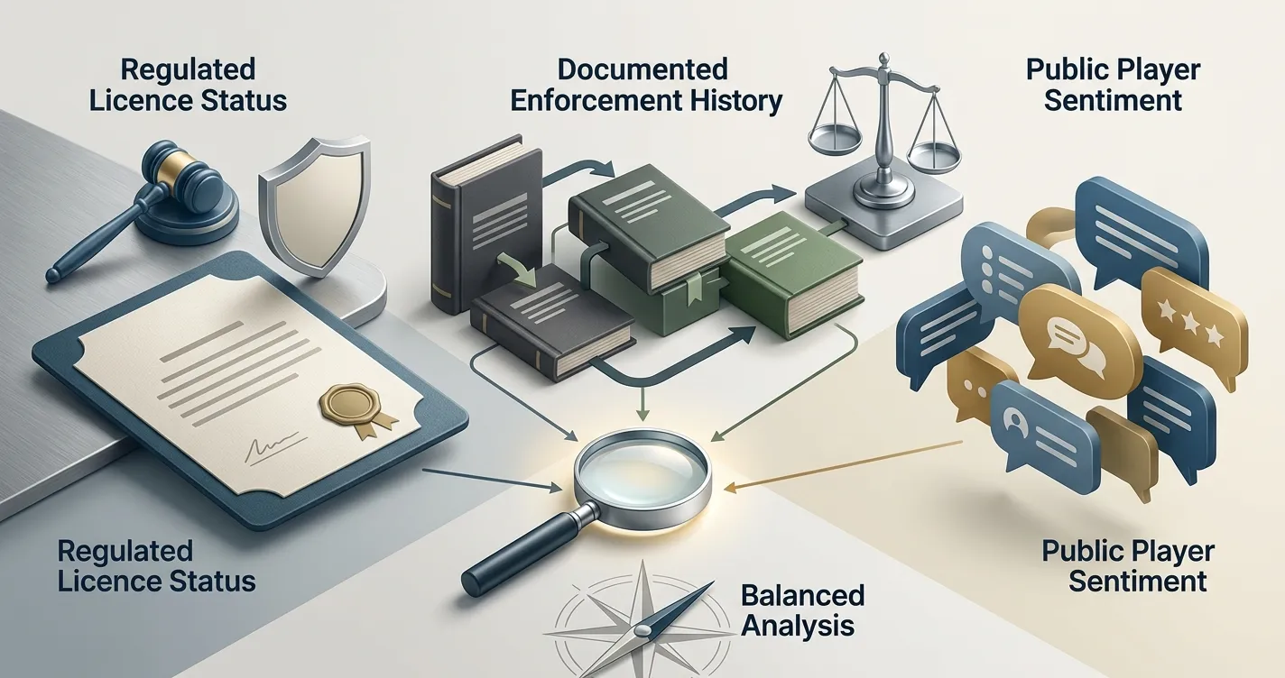 Illustration of three Royal Valley trust signals: licence status, regulator history and player sentiment