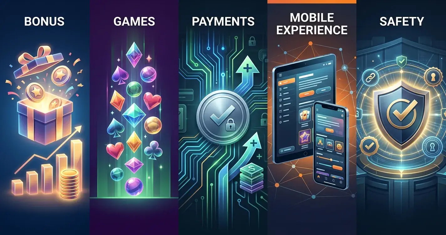 Five-part casino review framework covering bonus, games, payments, mobile and safety