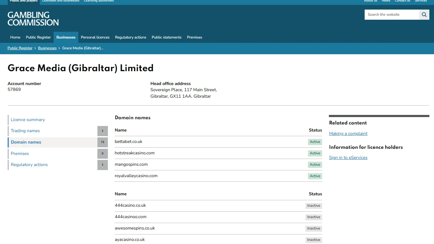 UK Gambling Commission public register showing royalvalleycasino.com under Grace Media account 57869